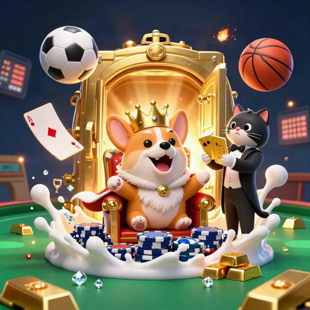 Koninklijke corgi en kattenbutler op pokertroon met goud, ballen en een kluislicht