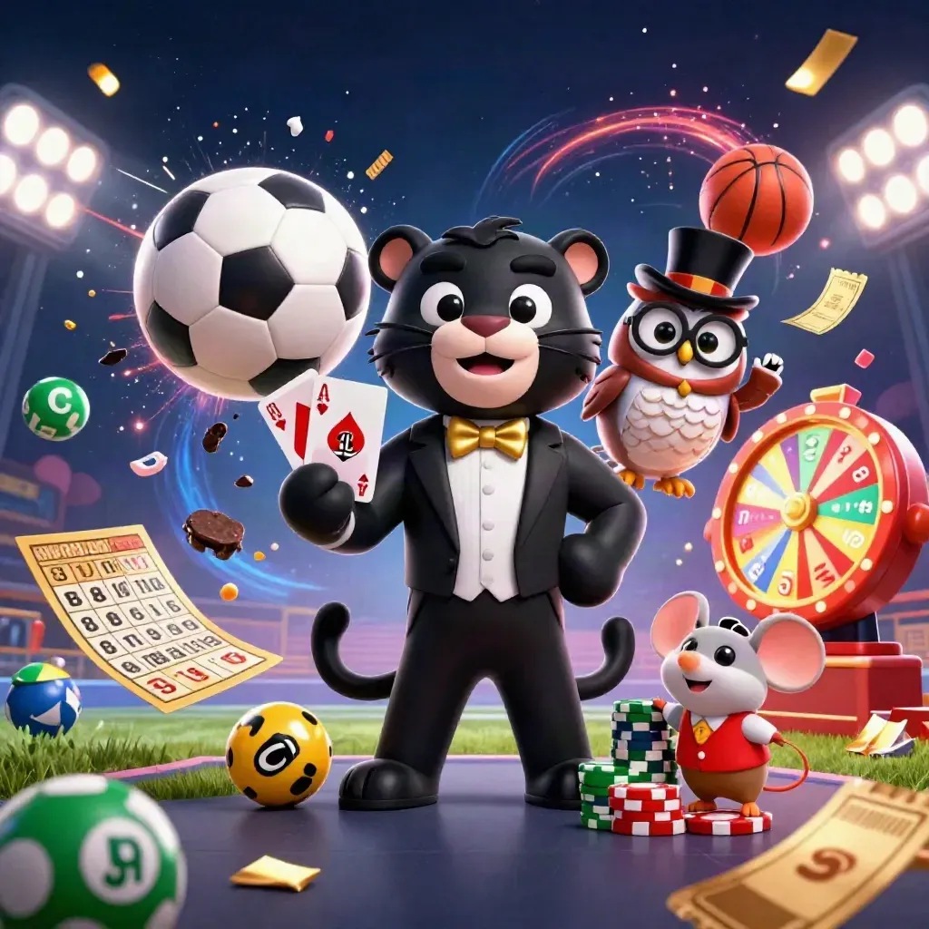Panter, uil en muis met exploderende sportballen, fiches en licht in donker casino-stijl