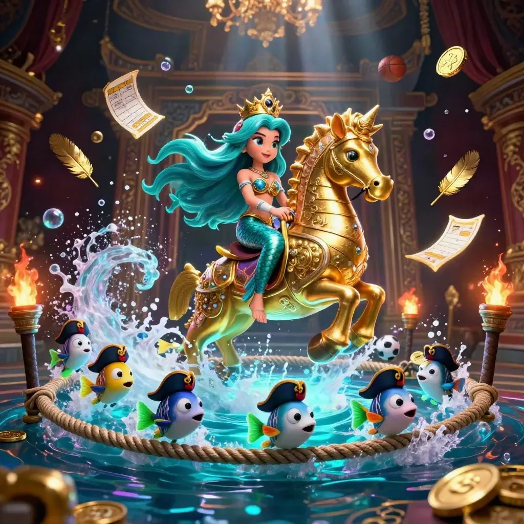 Mermaid op gouden zeepaardje tussen vissen, munten, ballen en casino-sferen