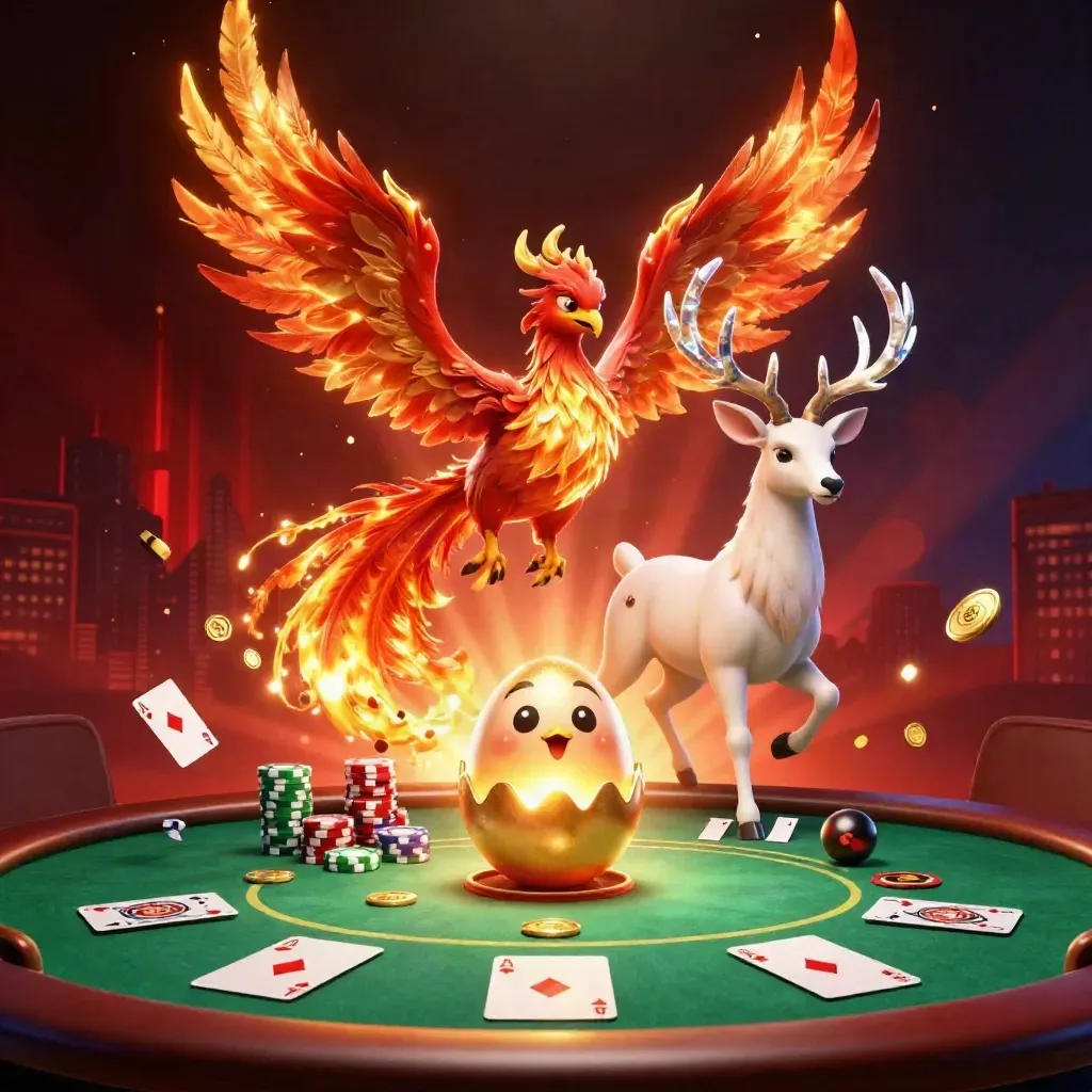 Vurige feniks, jong feniksje en kristallen hert boven pokerkaarten, chips en gouden munten.
