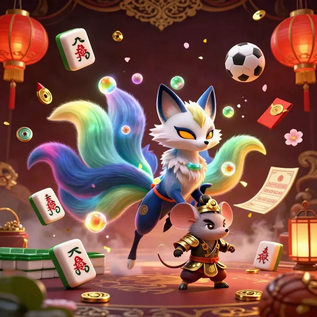 Neon vossengeest en samurai-muis tussen sportballen, Chinese talismans en gouden casino-glans.
