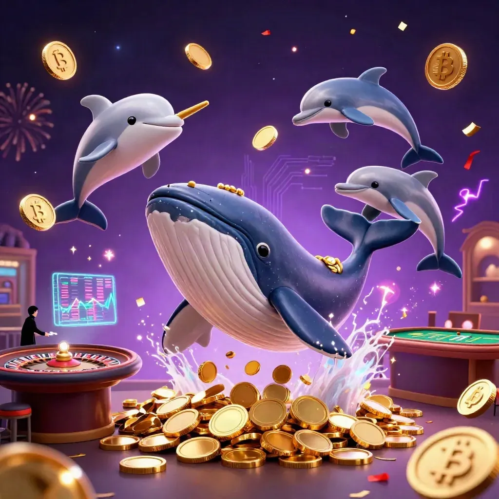 Reuzenwalvis, narwal en dolfijnen in een luxe casino met goud, rook en neon accenten.