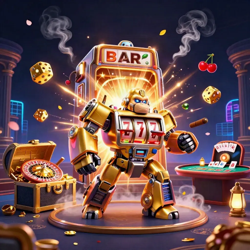 Gouden gorillamech met slotreels, olijke aappiloot, roulette en schatkist in luxe casino