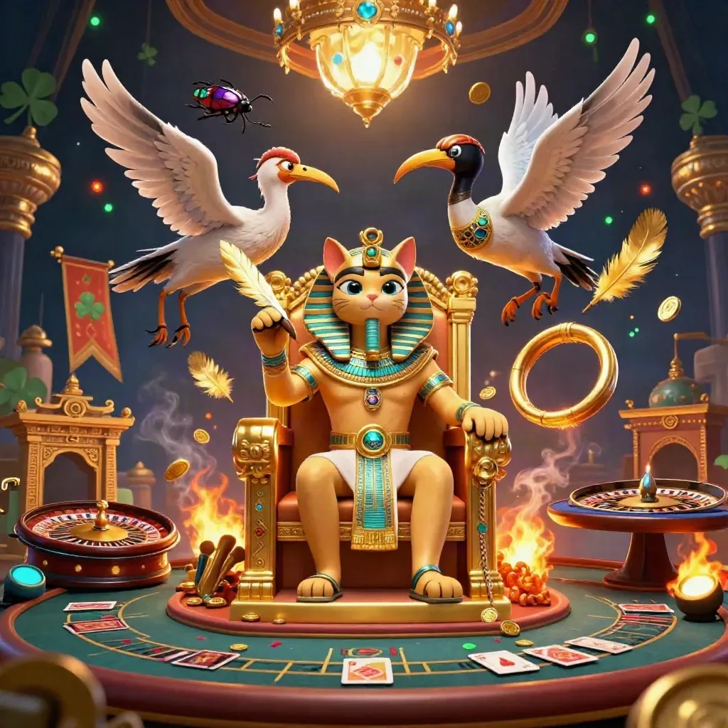 Pharao kat op troon met ibis-schrijver, scarabeeën en casino-elementen in groenblauwe luxe.