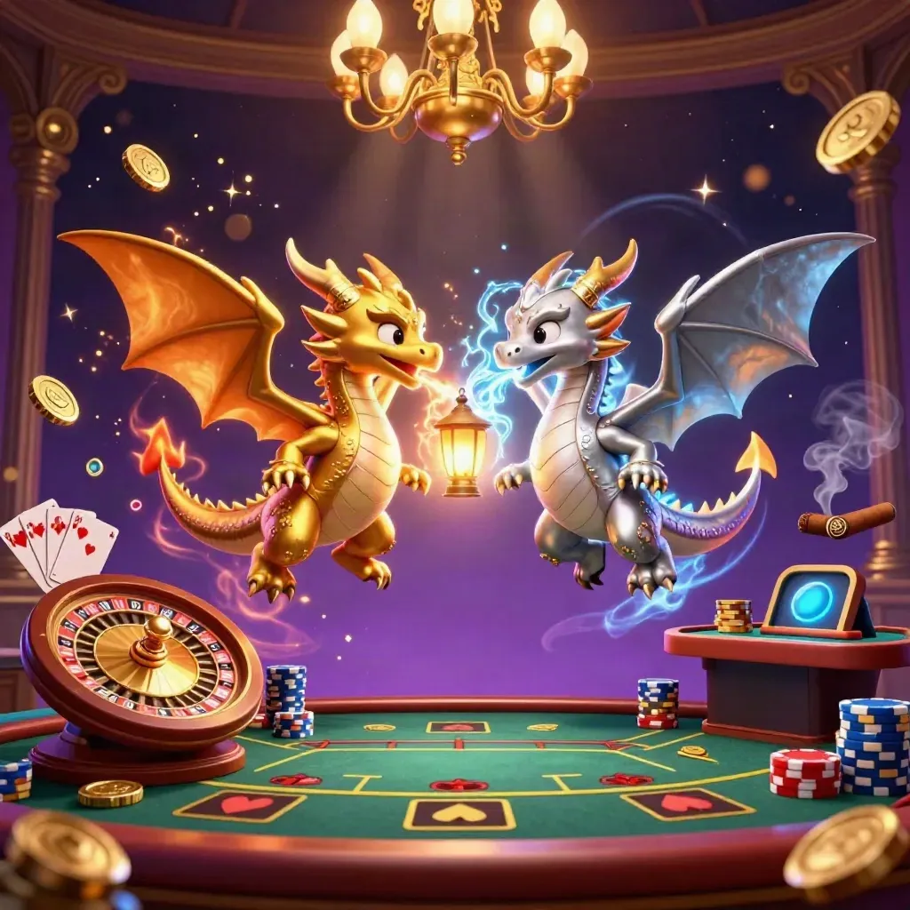 Twee draken in vuur en ijs boven munten, kaarten en een roulettewiel in een luxe casino.