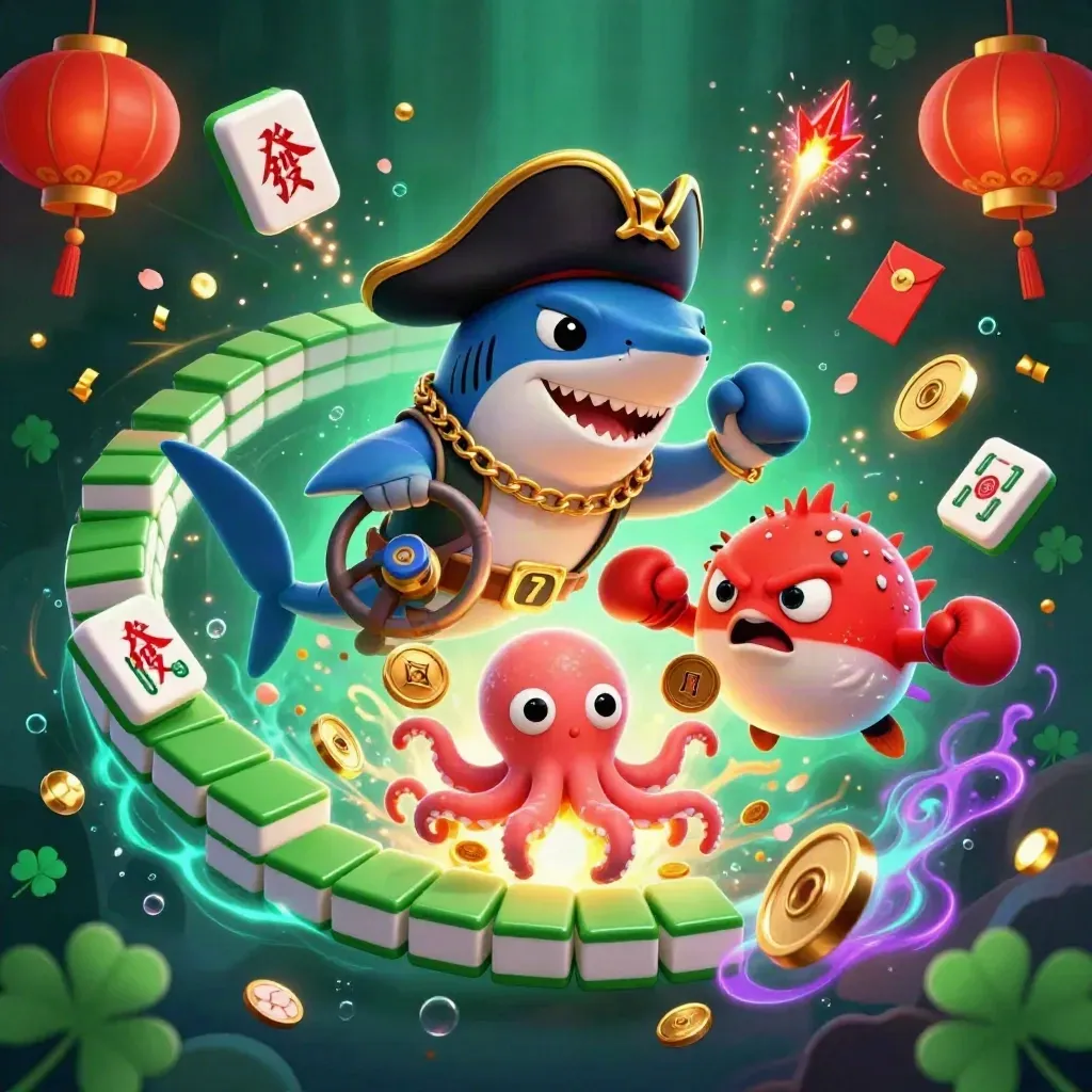 Piraat-haai, bokspuffer en baby-octopus tussen groene casino-elementen en goudexplosies.
