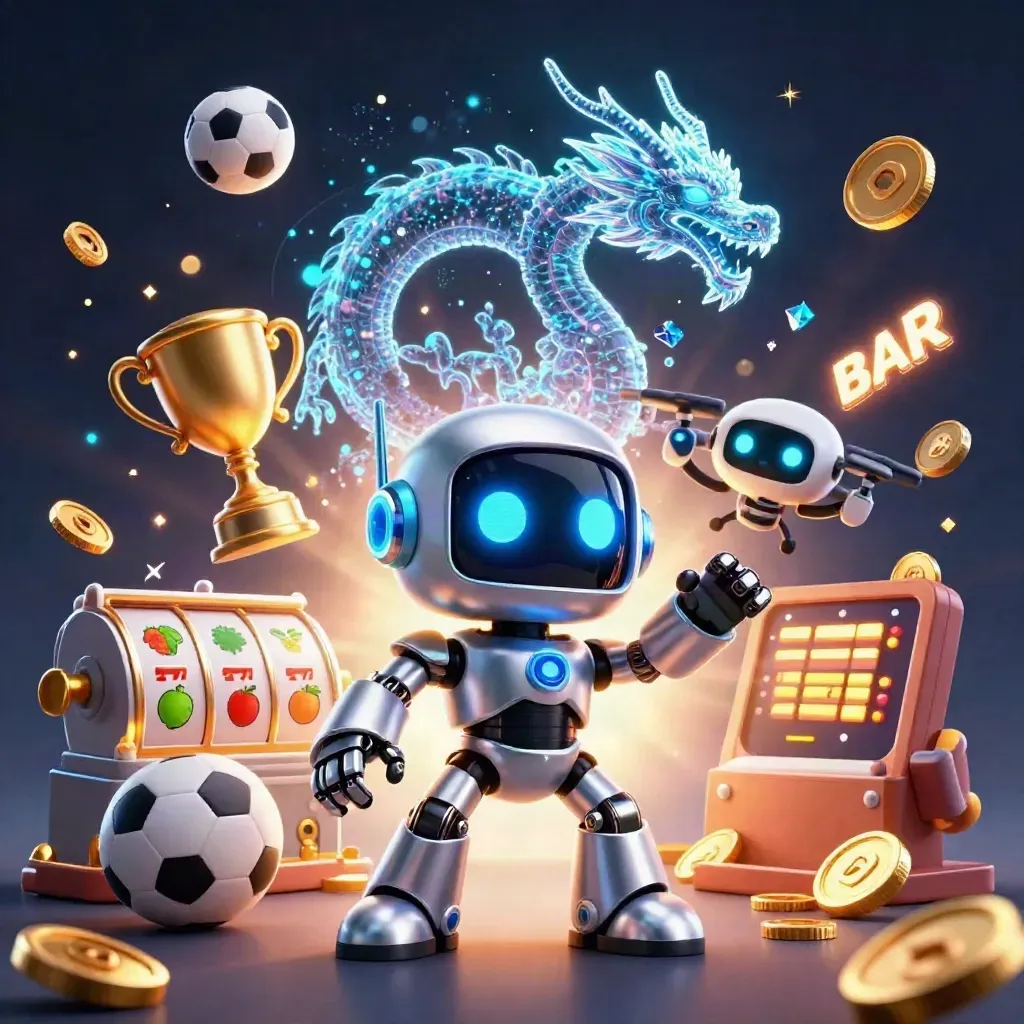 Chrome robot, holografische draak en coin-drone in explosieve casino-actie met sportballen en goud.