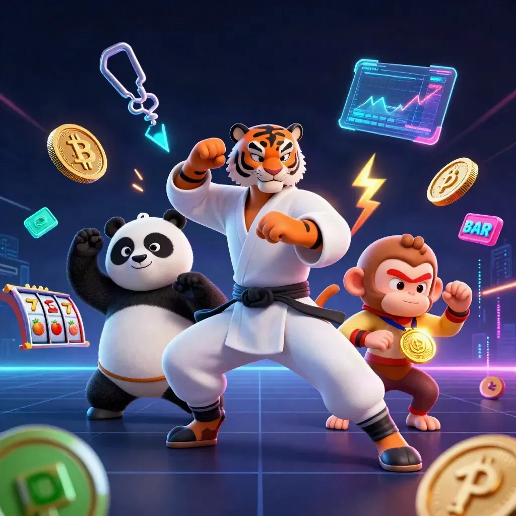 Tijgermaster, panda en aap met crypto-munten, neon energie en casino-effecten.