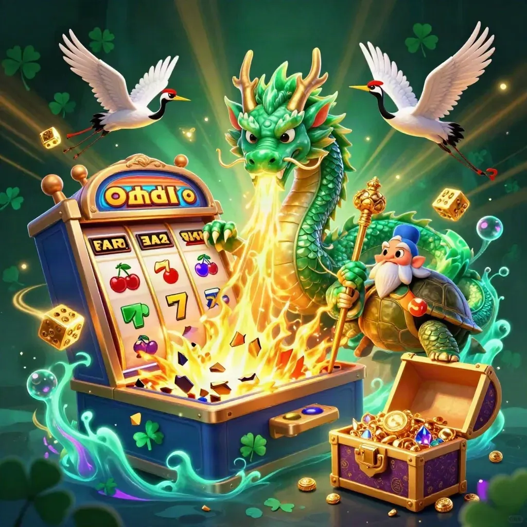 Jade draken, schildpadwijze en kraanvogels met goudvuur, jackpots en glinsterende schatten