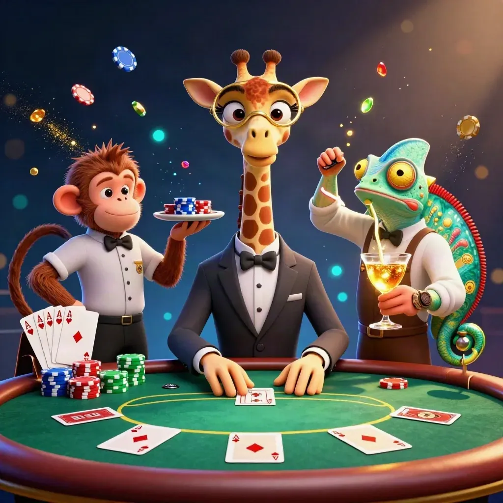 Giraffe, aap en kameleon rond pokertafel met chips en groene casino-glans.