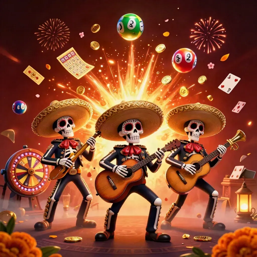 Drie skelet-mariachi’s met munten, vuurwerk en loterijballen in casino-schatlicht.