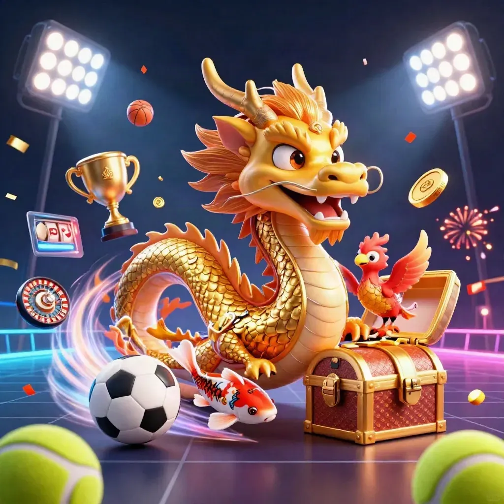 Gouden draak rond schatkist met phoenix, koi en casino- en sportelementen in neonlicht.