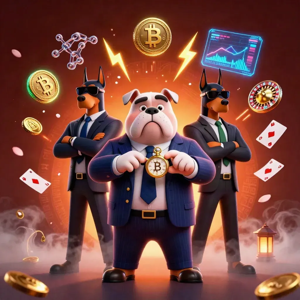 Bulldog-baas met twee Dobermanns, omringd door munten, crypto, runen en vuurwerk.