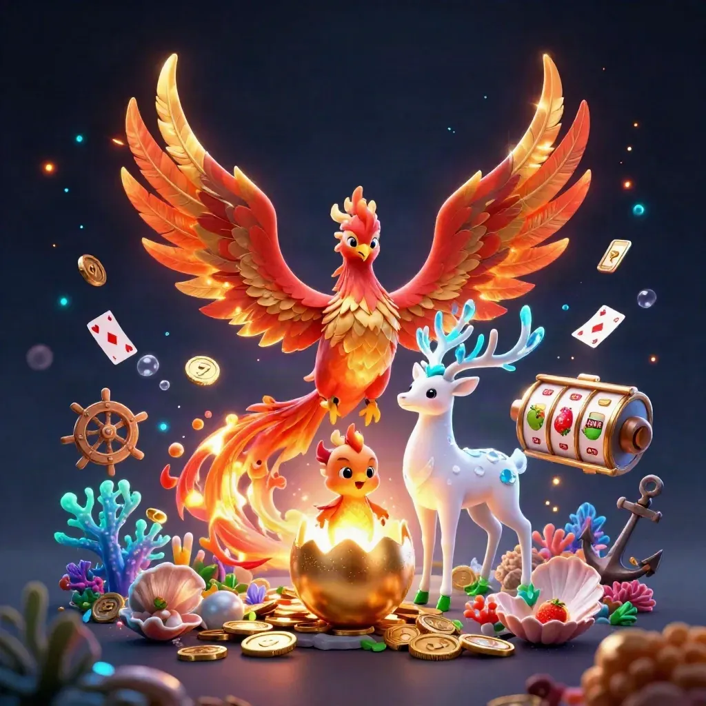 Phoenix, hert en babyphoenix boven goud en zee-elementen, met groene casino-glans in donkerblauw.