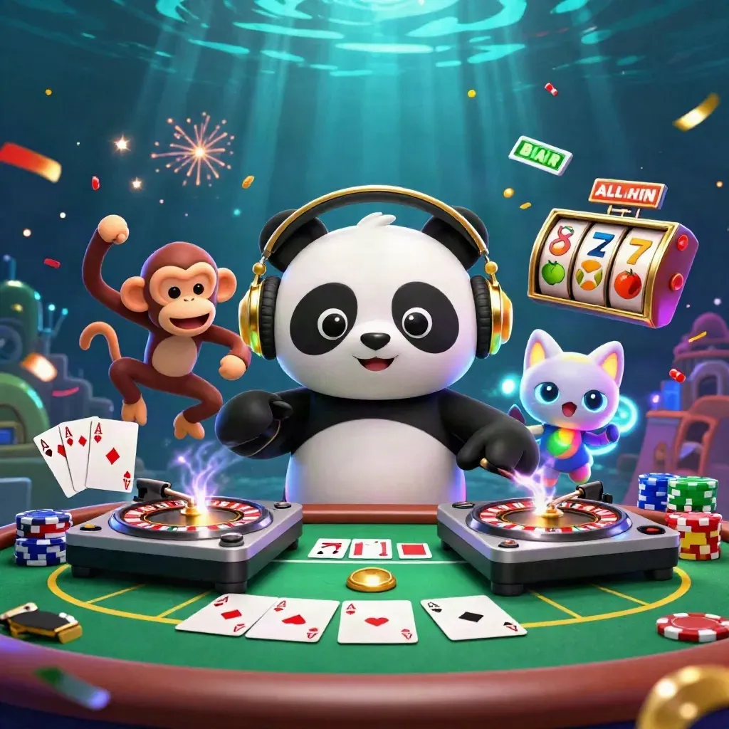 Panda-DJ, dansende aap en lichtgevende kat tussen casino-elementen in donkerblauw groen licht.