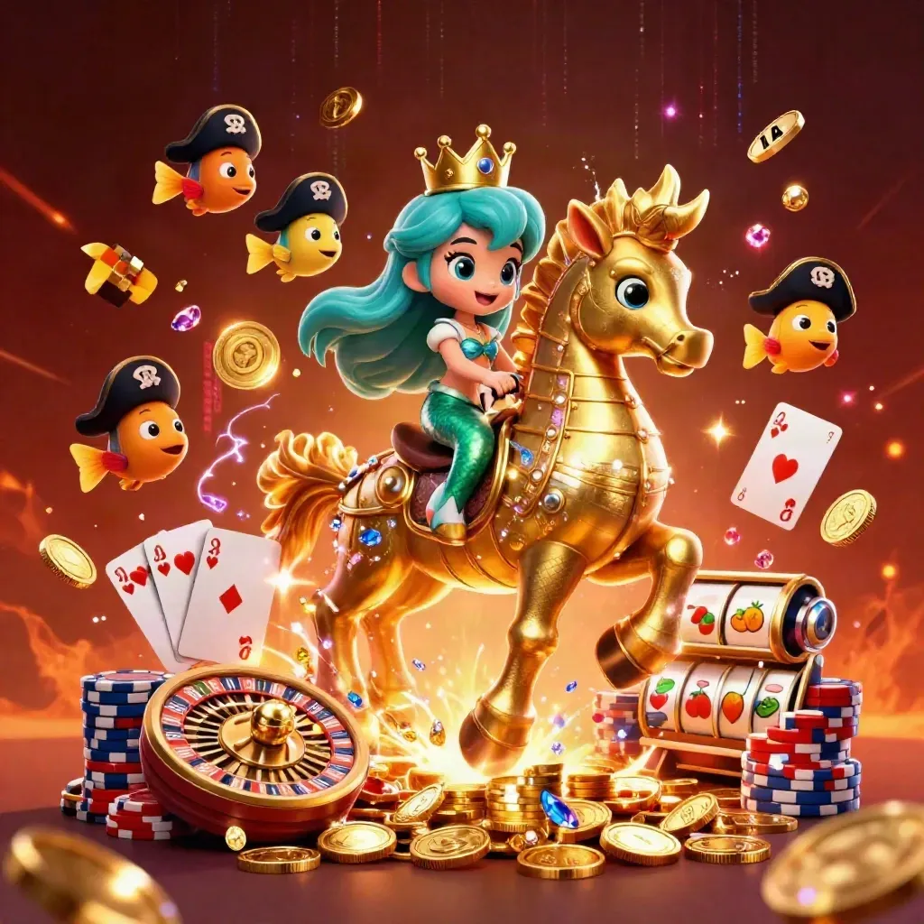 Mermaid op goudpantser-zeepaard tussen munten, kaarten en neon casino-effecten