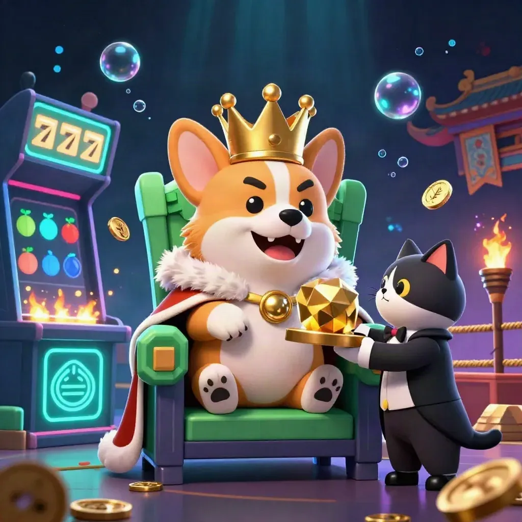 Koninglijke corgi en katt-butler in casino-opstelling met goud, fiches en neonlicht.
