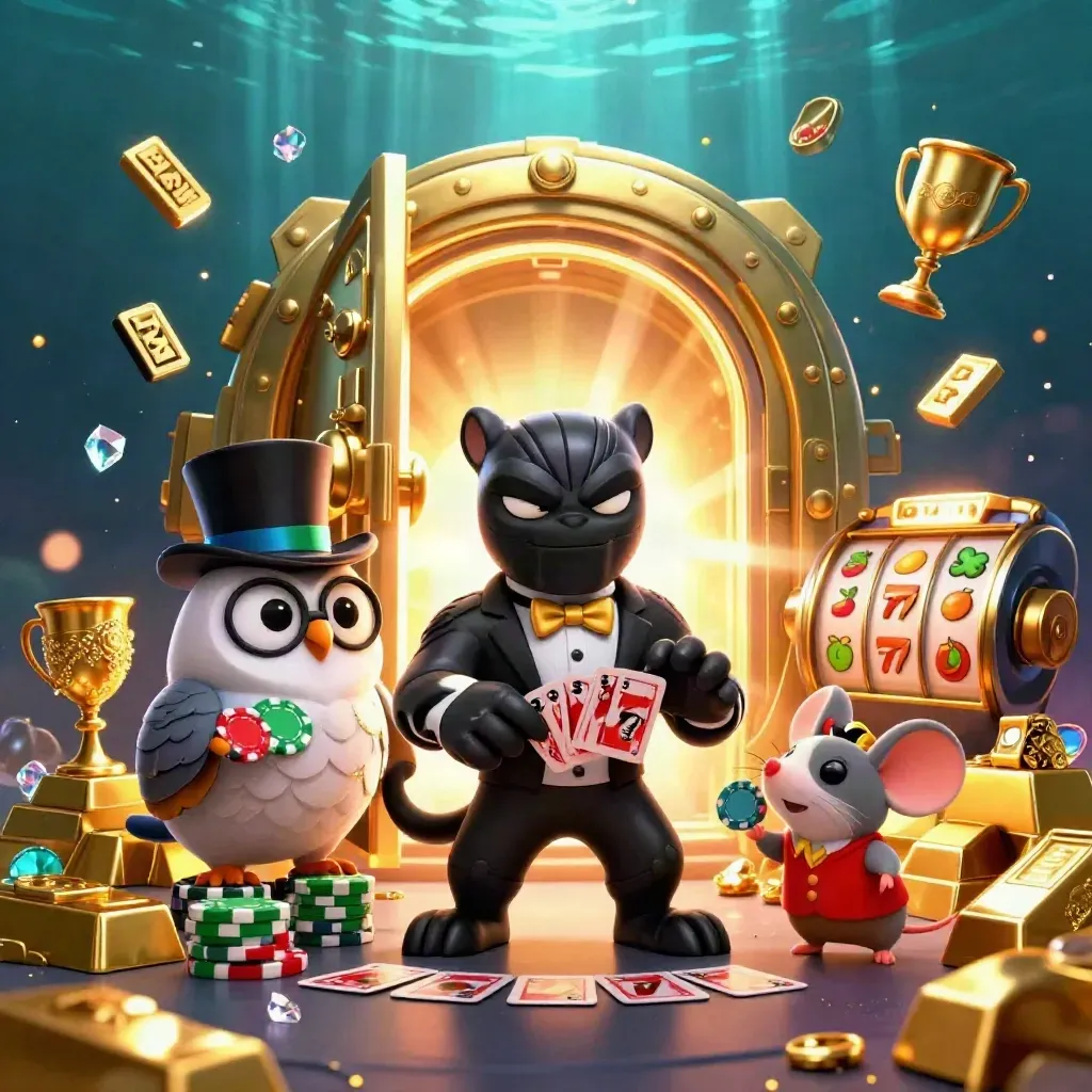 Panter, uil en muis bij open goudkluis met fiches, diamanten en groene casino-glans.