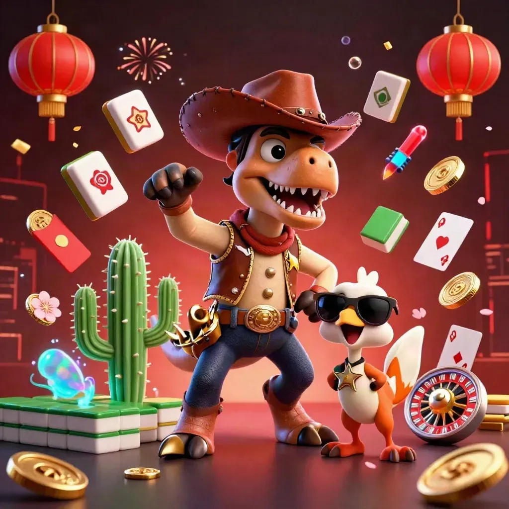 T-rex cowboy, cactus en roadrunner tussen casino-juwelen met groene lichtaccenten.