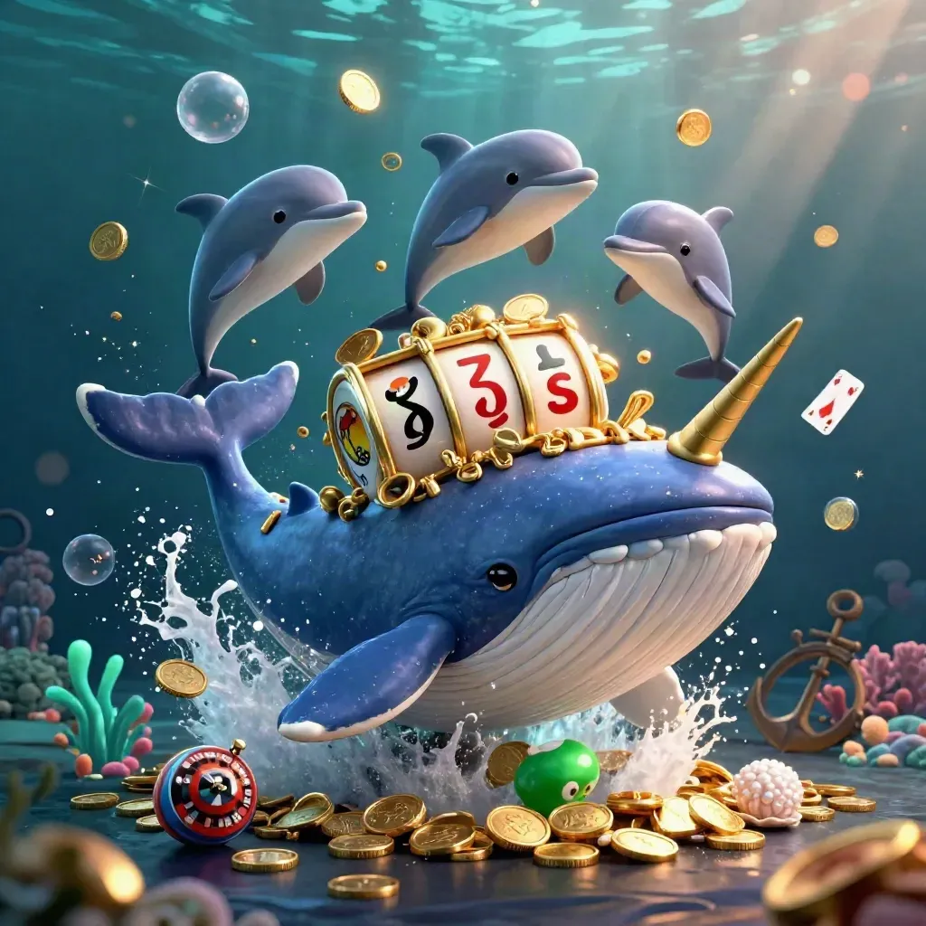 Whale, narwal en dolfijnen in een goudgevulde onderwater-casinoscène met groene accenten.